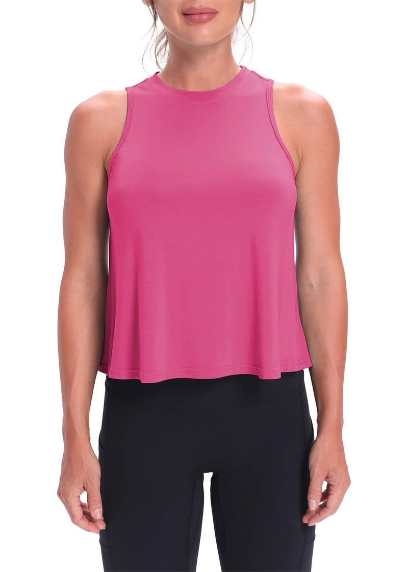 Mippo Workout Tops for Women High Neck Tank Cropped Workout Top Womens Muscle Tank Athletic T Shirts Crop Tees Fuchsia S - Image 2